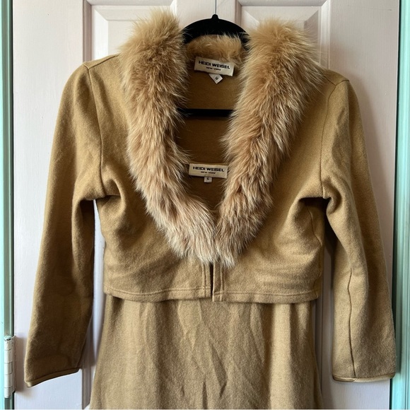 Vintage 90s Heidi Weisel Cashmere Silk Fox Fur Cardigan and Dress Set Size 6 - Picture 2 of 16